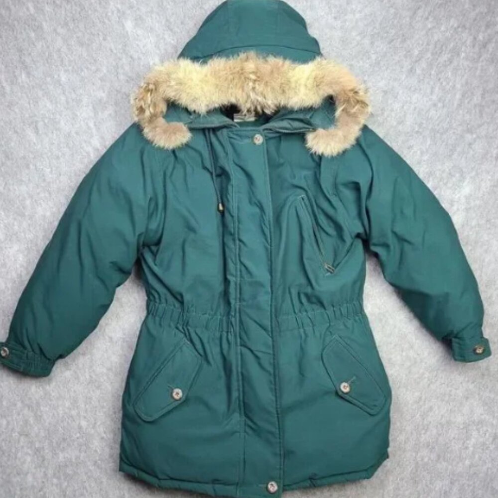 VTG Eddie Bauer Goose Down Premier Polar Parka Women M Canadian Coyote Fur Green